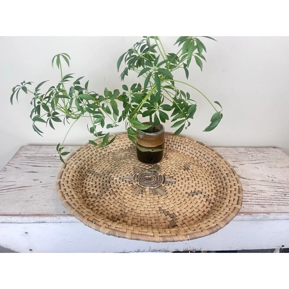 Vintage Large Rustic Primitive Woven Tray Basket Large Tan & Grey 16.5” Israel